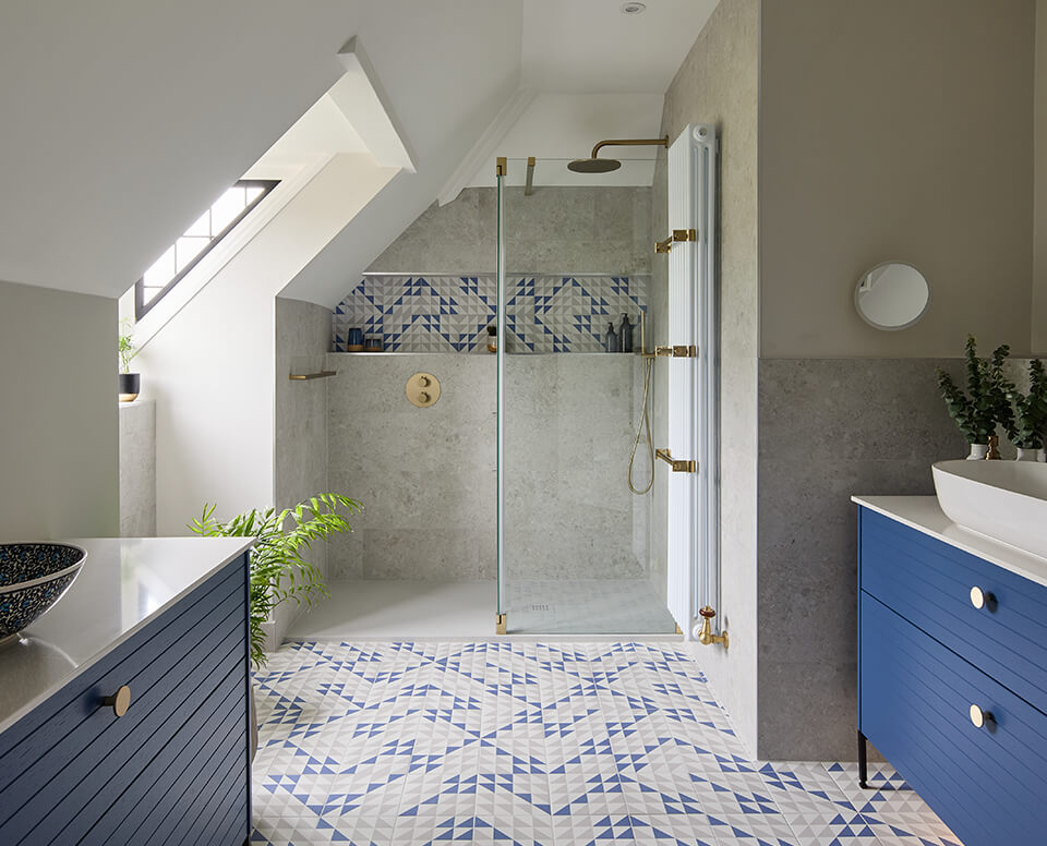 Blue Geometric Shower Room in Effingham After