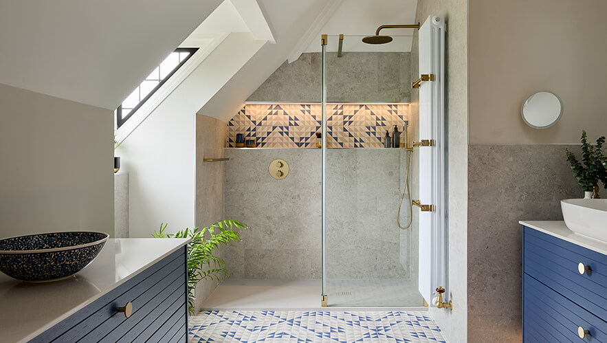 Blue Geometric Shower Room in Effingham Landscape 3