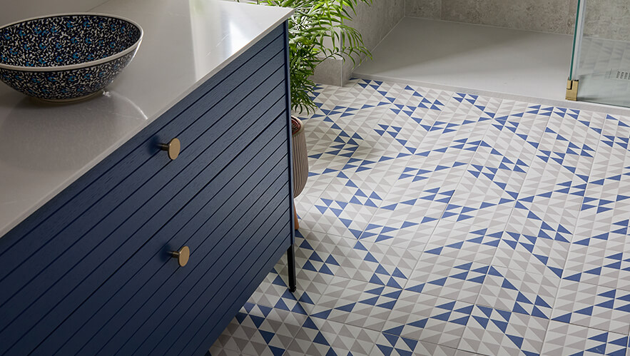 Blue Geometric Shower Room in Effingham Landscape 5