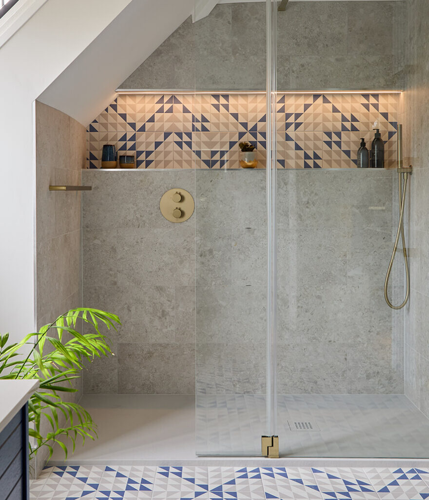 Blue Geometric Shower Room in Effingham Portrait 3