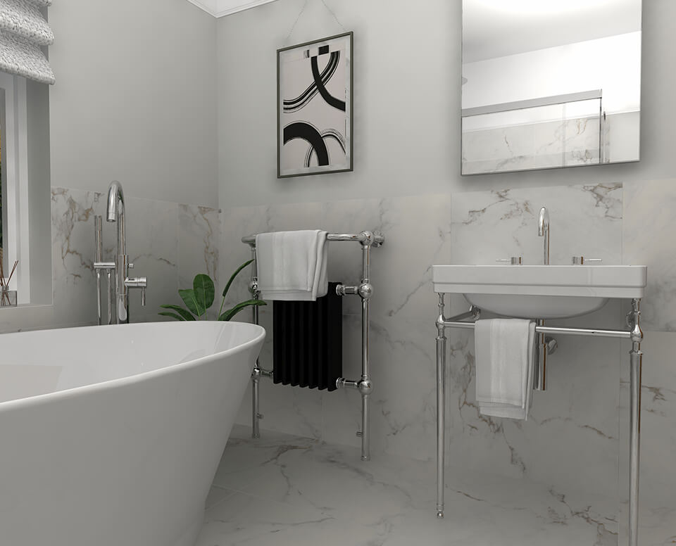 Classical Calacatta Family bathroom in Surbiton 3D