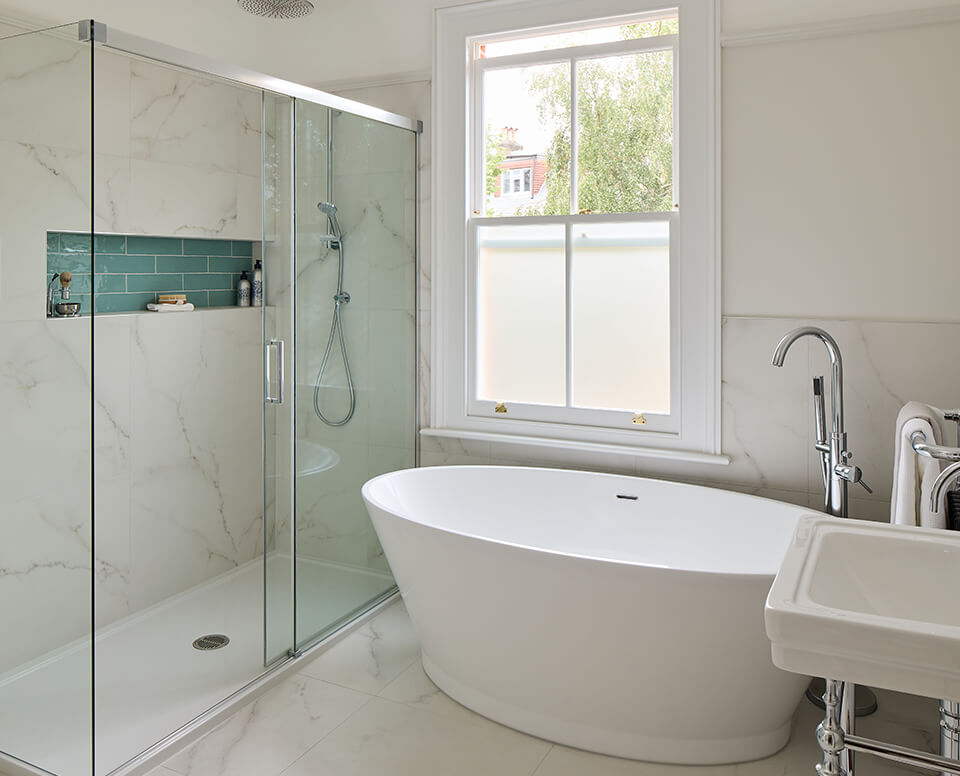 Classical Calacatta Family bathroom in Surbiton After