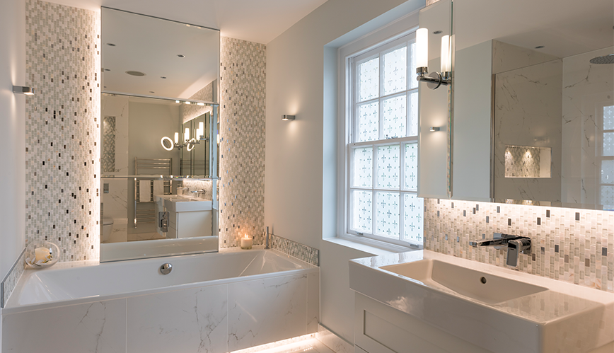 beautiful marble master bathroom in esher