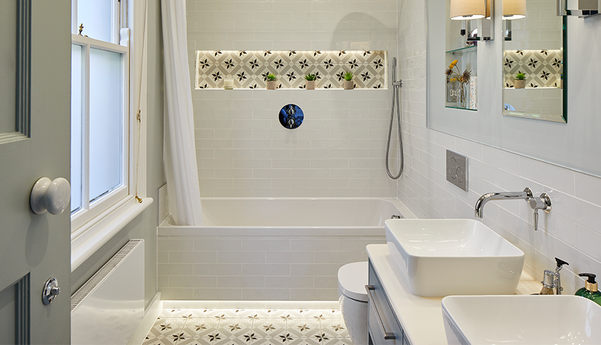 white and light with patterened tiled in Teddington