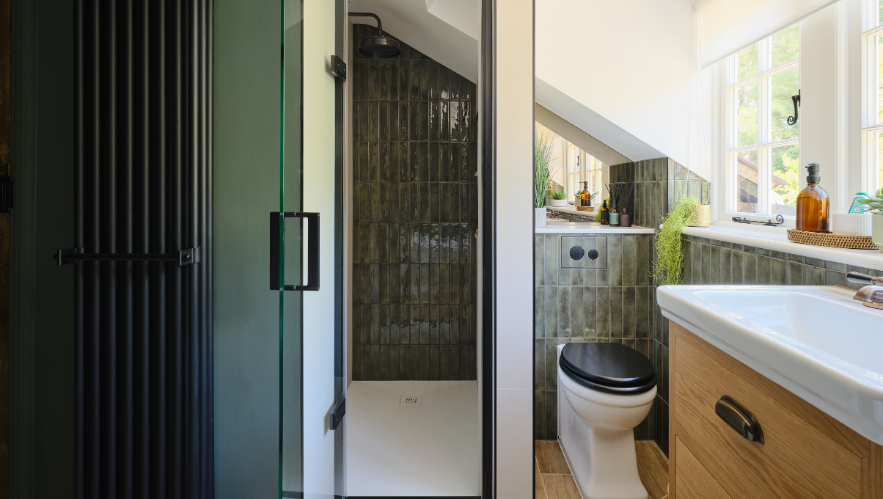 Rugged alligator iridescent tiles paired with natural materials creates warmth for this family bathroom in a Grade II listed home in Great Bookham. landscape