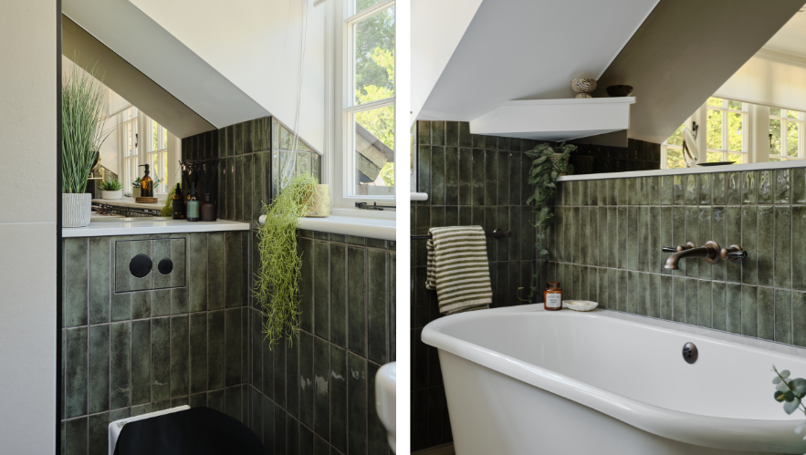Rugged alligator iridescent tiles paired with natural materials creates warmth for this family bathroom in a Grade II listed home in Great Bookham.