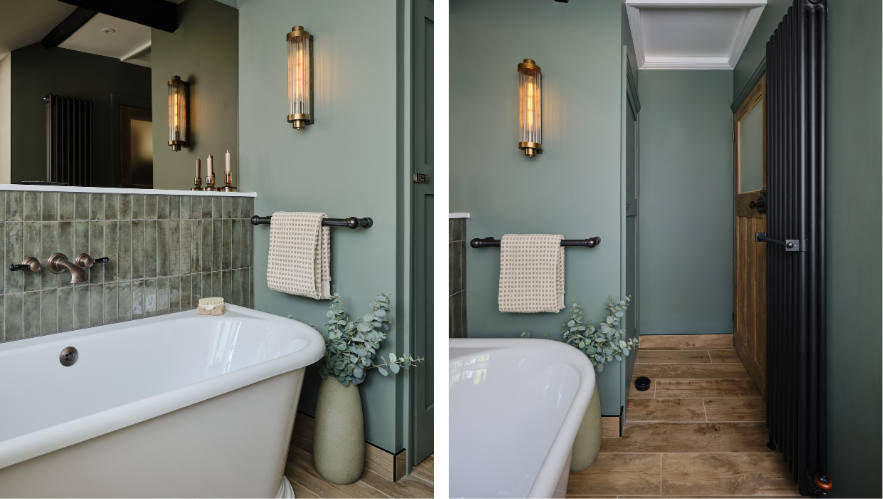 Rugged alligator iridescent tiles paired with natural materials creates warmth for this family bathroom in a Grade II listed home in Great Bookham.