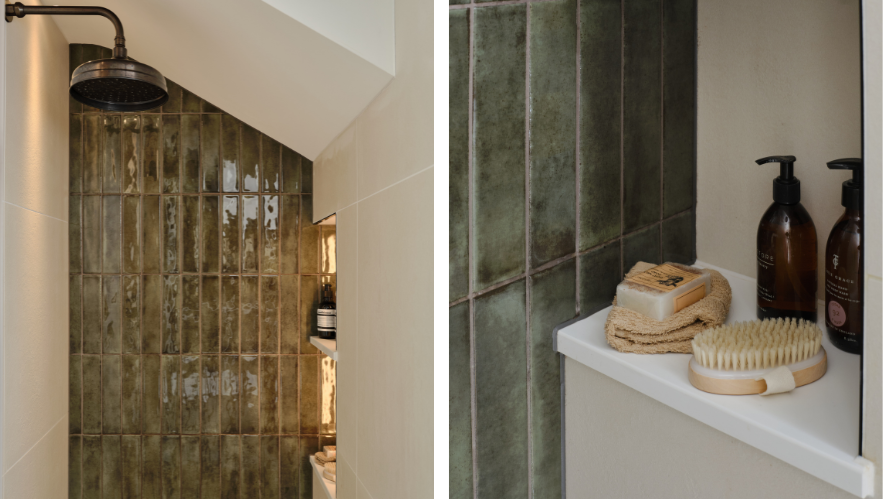 Rugged alligator iridescent tiles paired with natural materials creates warmth for this family bathroom in a Grade II listed home in Great Bookham.