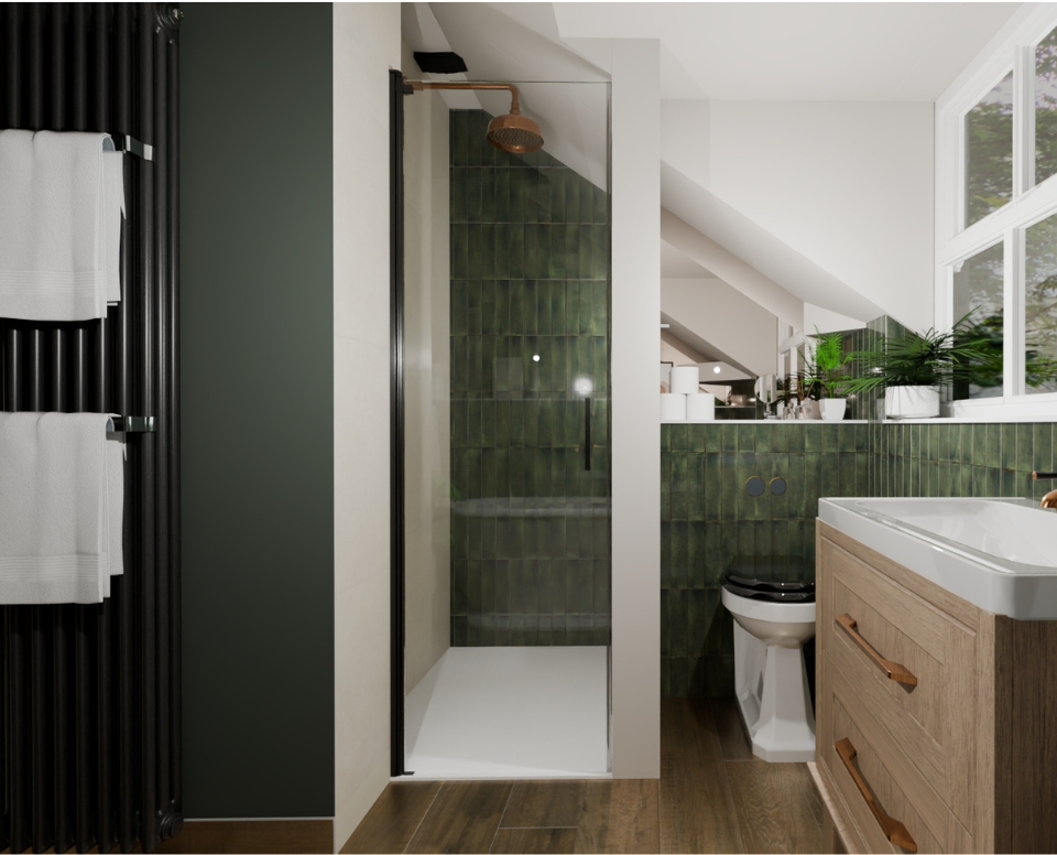 3D Rugged alligator iridescent tiles paired with natural materials creates warmth for this family bathroom in a Grade II listed home in Great Bookham.