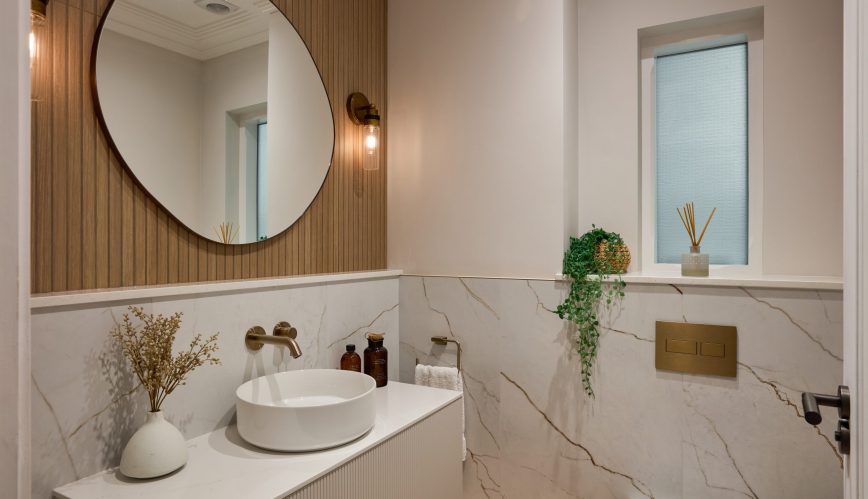 Bathroom & Kitchen Eleven - feathered marble Cloakroom in Weybridge