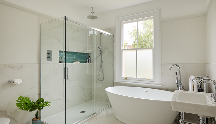 Classical Calacatta family bathroom in Surbiton